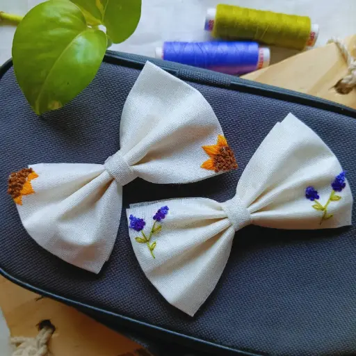 Hand-Embroidered Cotton Hair Bows – Set of 2 Floral Design Hair Clips for Girls & Women | Sunflower & Lavender Theme