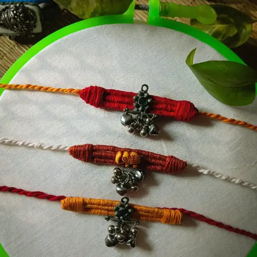 Handcrafted Tribal Thread Choker Combo (Set of 3) – Boho Ethnic Jewelry with Ghungroo & Bead Charm