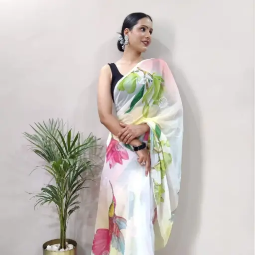 New Arrival Blooming Georgette Saree with All-Over Sequin Work & Cutwork Border | Includes Black Blouse Piece 